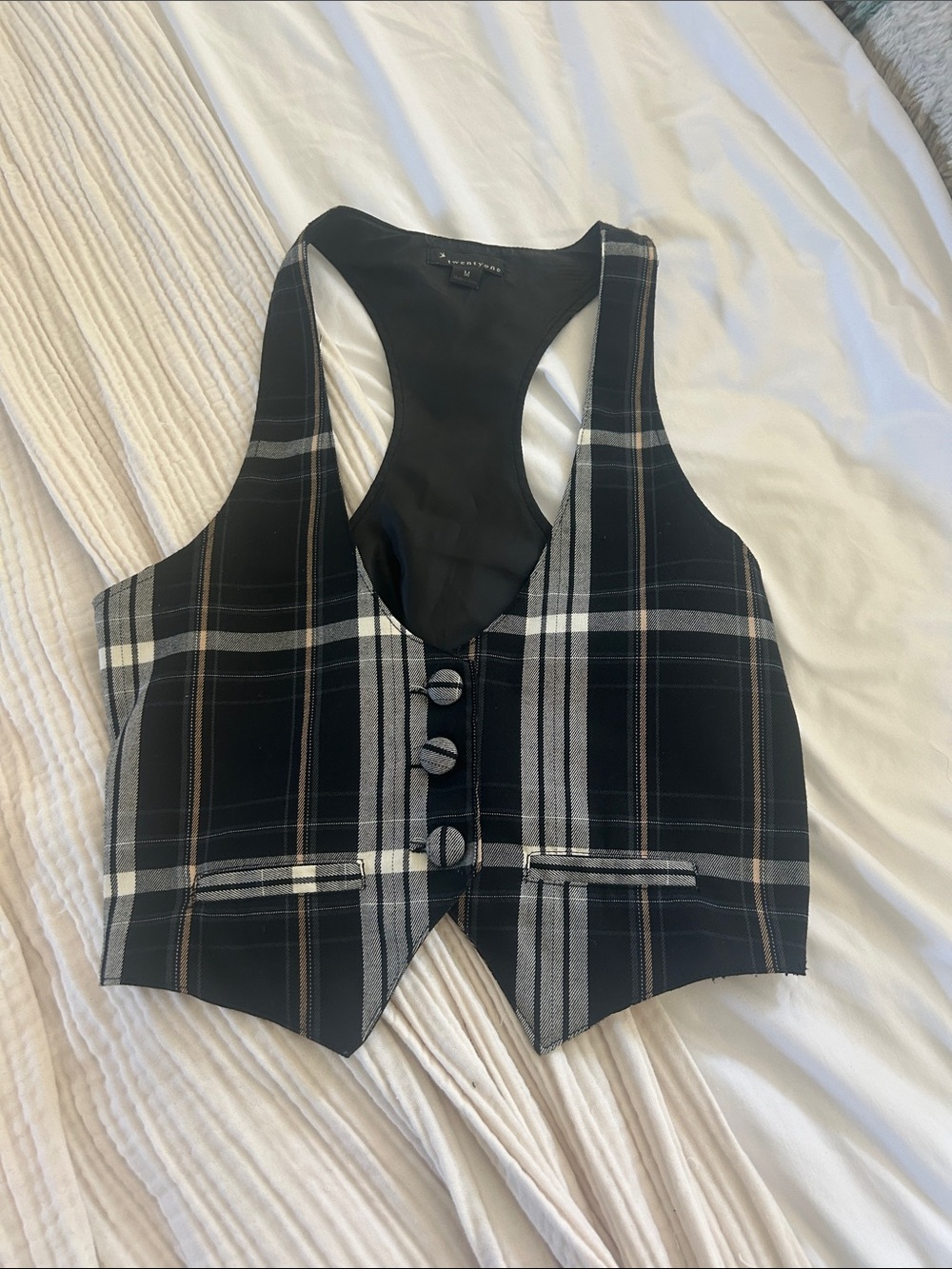 Sleeveless Black Plaid cropped Vest - Women's Top